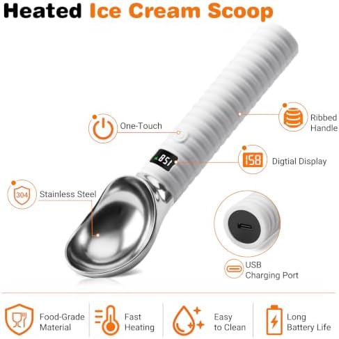 Heated Ice Cream Scoop Rechargeable, with LED Display Screen(White)
