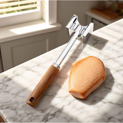 Dual-Sided Meat Tenderizer Kitchen Mallet Aid to Pounding Steak, Nuts, Shellfish, Heavy Duty Chicken Hammer With Wooden Handle