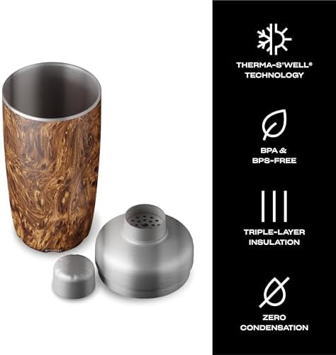 S'well Stainless Steel Shaker Set with Jigger, 18oz, Teakwood, Triple Layered Vacuum Insulated Container Keeps Cocktails Colder for Longer, BPA Free Barware