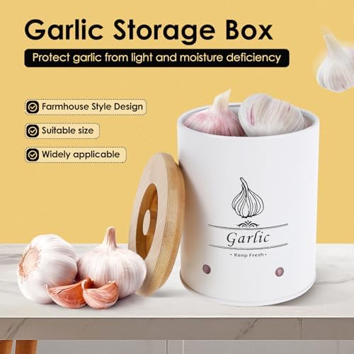 Garlic Keeper, Versatile Garlic Holder, Garlic Jar with Wood Lid, Ventilated Garlic Storage Container, Large Capacity Garlic Container for Kitchens (Style 2)