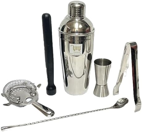 Dynore Stainless Steel 6 Pcs Bartender Martini Kit Set - Teardrop Bar Spoon, Cocktail Shaker 750 ml, Tall peg Measure 30/60 ml, Black PVC Muddler, Ice Tong, Cocktail Strainer- Set of 6