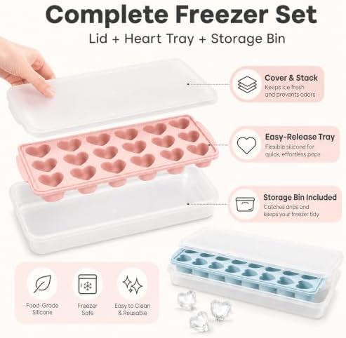 2 Pack Heart Shpaed Ice Cube Trays with Lids and Bins Ice Molds with Ice Storage Box, 48 Holes Silicone Heart Ice Cube Tray for Whiskey Cocktail Fun Shapes Cubes, with Lids & Bins