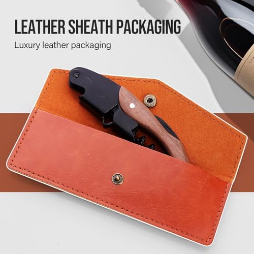 wine opener Professional Corkscrews for Wine Bottles w/Foil Cutter and Cap Remover -Wine Key for Servers, Waiters, Bartenders (Black+Leather Sheath)