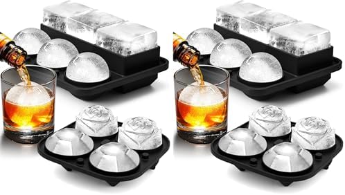 Ice Cube Tray with Lid, Silicone Ice Molds with Round, Square, Diamond, Rose, Large Ice Cube Mold for Whiskey, Bourbon, Cocktails, Easy Release BPA Free, Set of 2 (Pack of 2)