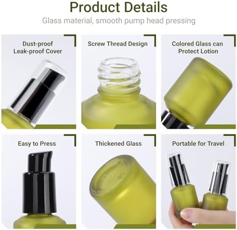 Segbeauty 0.5oz Frosted Glass Travel Size Containers for Lotions, 3pcs Mini Empty Lotion Bottles Pump Dispenser Refillable, 15ml Green Travel Containers for Creams, Small Hair Oil Pump Bottle Liquids