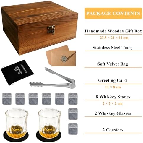 Whiskey Stones Gift Set, Includes 2 Whiskey Glasses, 8 Chilling Whiskey Stones in Wooden Gift Box, Unique Gifts for Men Birthday Christmas Valentine Drinking Gift for Dad Husband Party Holiday Present