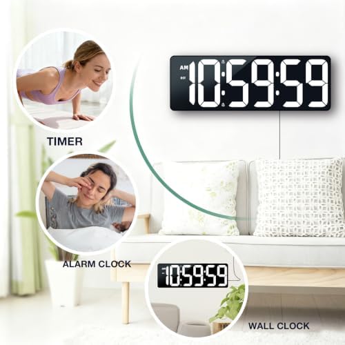 17.2" Large Digital Timer Wall Clock with Remote Control, Count Down Up Digital Timer, Auto DST LED Big Digital Clock for Bedroom Kitchen Living Room Office Gym Home Decor, White