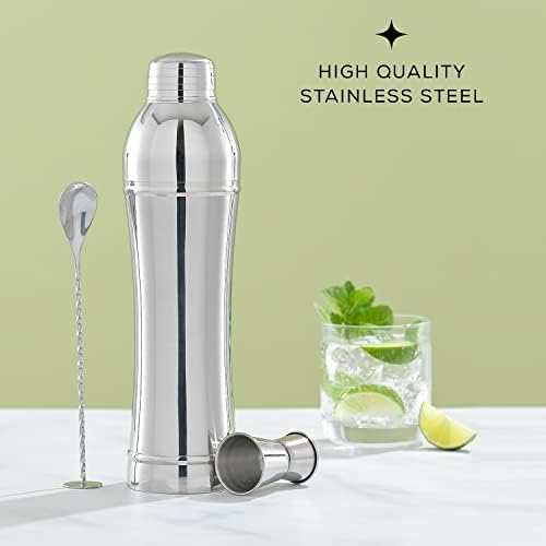 JoyJolt 3pc Slim Cocktail Shaker Set. 24 oz Margarita Martini Shaker Drink Mixer & Cocktail Strainer Lid, Double Jigger, Long Bar Spoon. Mixology Bartender Kit Shakers, Bar Tools for Home Bartending