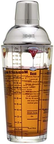 14 oz Recipe Glass Cocktail Shaker With Jigger & Strainer Top - Includes 6 Cocktail Drink Recipes (Wine Theme)
