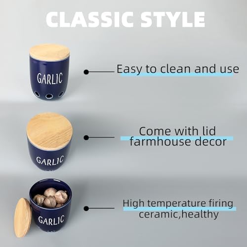 Ceramic Garlic Saver Container with Wood Lid (Navy)