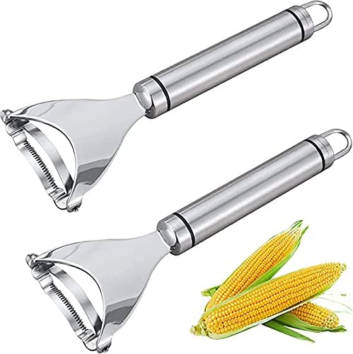 2 Pcs Stainless Steel Corn Peeler,Corn on the Cob Remover Tool,Corn Stripper Corn Sheller Kitchen Tools with Ergonomic Handle, Silver, 6.5X18CM (A169)