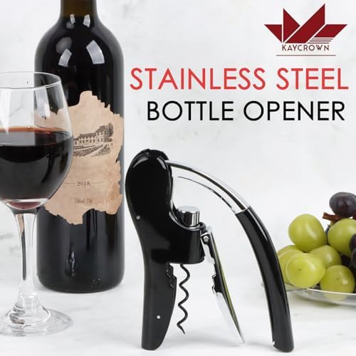 KAYCROWN Stainless Steel Wine Bottle Opener, Compact Vertical Lever Corkscrew with Foil Cutter and Extra Spiral, Manual Handheld Corkscrew with Ergonomic Lever Pump (Black)