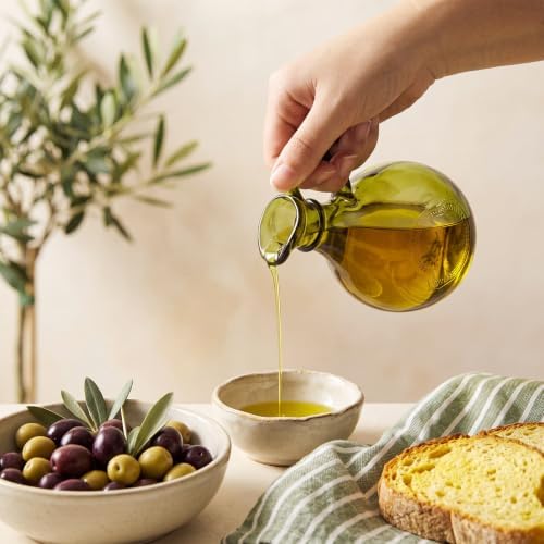 Suclain 4 Sets 12oz Glass Oil and Vinegar Cruet Set Round Oil Dispenser Olive Bottle with Airtight Stopper Salad Dressing Bottle Glass Condiment Container for Kitchen Homemade Olive Condiment(Green)