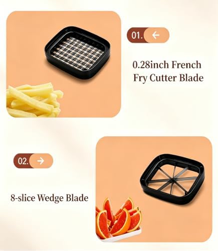 Multifunctional Vegetable Chopper Bowl, Potato French Fry Cutter with 2 Interchangeable Blades & Container, Food Chopper for Cucumber, Tomato, Carrot & Onion