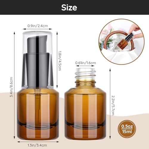 Segbeauty 0.5oz Empty Glass Refillable Travel Bottles, 5pcs Lotion Pump Bottle Dispenser, 15ml Amber Mini Empty Travel Size Bottles for Creams, Small Lotion Dispenser with Pump Liquid Container