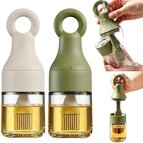 MMJ 2 in 1 Oil Brush Bottle with Silicone Basting Brush, Oil Dispenser for Kitchen, Leak Proof Glass Kitchen Accessories for Cooking, BBQ, Grilling, Vinegar, Sauce, Olive(White+Green)