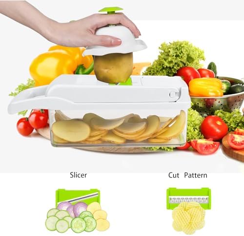 Vegetable Chopper,Multifunctional 13 in 1 Food Slicer For Kitchen.Veggie Chopper Cutter With 8 Blades And Container For Salad, Onion, Garlic (White)