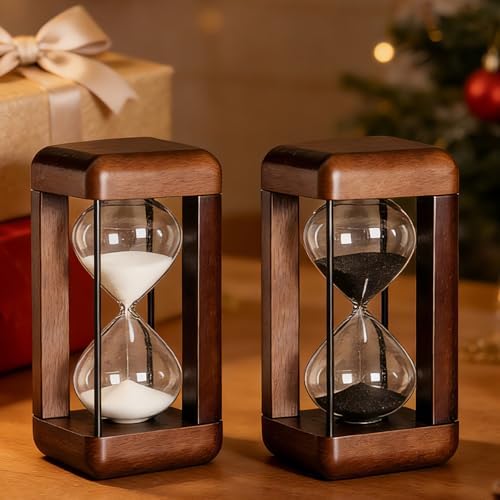 Large 60 Minute Hourglass Timer with Walnut Wood, Metal Frame, Black Sand