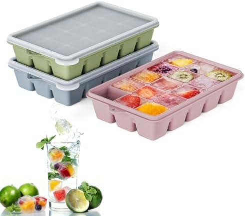 Silicone Ice Cube Trays, Easy Release Ice Cube Molds with Removable Lid, Freezer Stackable Ice Trays for Whiskey, Cocktail, Drinks and Food, Freezer, BPA Free