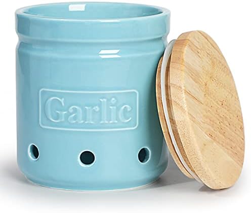 ONTUBE Garlic Keeper with Wooden Lid, 4.5-Inch Ceramic Garlic Holder 24oz (Turquoise)