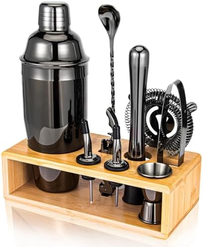 Black Cocktail Shaker Set, Premium 18/8 Stainless Steel Mixology Bartender Kit with Stylish Bamboo Stand 10-Piece Bar Tools & Accessories for Home Bar for Men, Dad, Husband
