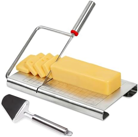 Cheese Slicer, Stainless Steel Cheese Cutter Board and Measuring Grids, Multipurpose Cheese Cutter for Block Cheese, Butter, Sausages, Fruits Kitchen Gadget Cheese Tool