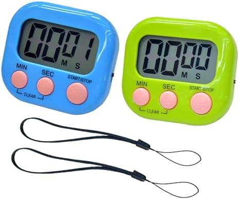 2 Pack Small Digital Kitchen Timer Magnetic Back and On/Off, Classroom Timers for Teachers Kids, Count Up Count Down Loud Alarm Stop Memory Function for Cooking Study Work Exercise (1, Blue+Green)