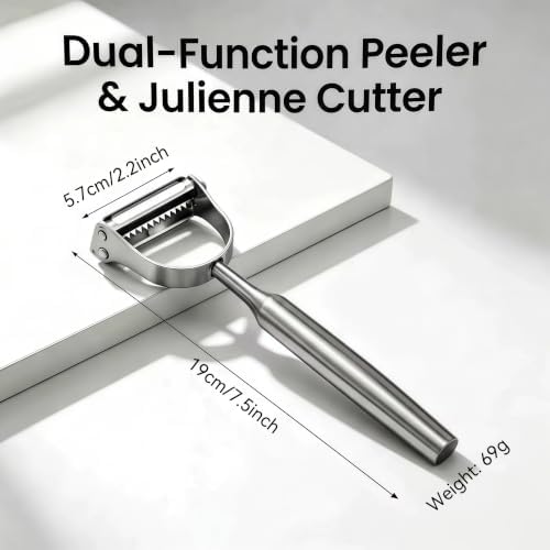 Stainless Steel Vegetable Peeler, 2-Pack 2-in-1 Julienne Y Peeler for Kitchen, Ergonomic Shredder for Healthy Keto Salad & Zoodles, Potato Carrot Fruit, Dishwasher Safe