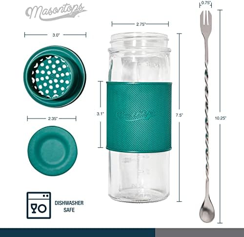 Masontops Cocktail Shaker Set – Glass Mason Jar Drink Shaker – 4 PC Set with Metal Swizzle Stick - Teal