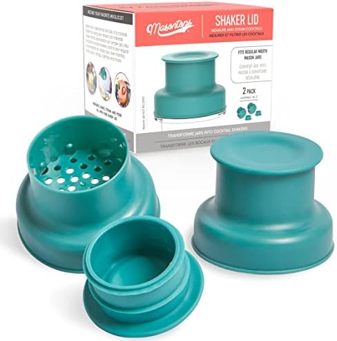 Masontops Cocktail Shaker Lids – Compatible with any Regular Mouth Mason Jar – 2-Pack with 1oz Jigger Caps - Teal
