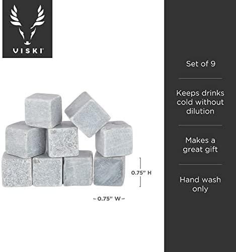 Viski Glacier Rocks Soapstone Cubes, Reusable Whiskey Stones, Ice Cube for Bourbon, Scotch, Gin, Cognac, Home Bar, Drink Accessories, 9-Piece Set
