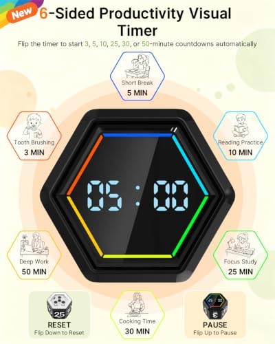 Rotating Pomodoro Timer Cube 3/5/10/25/30/50 min with Colorful Visual Bar