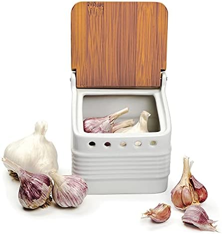 RSVP International White Stoneware Kitchen Collection, Stoneware Garlic Keeper, 4.5x4x4.5"