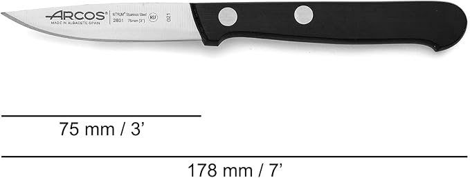 Arcos Paring Knife 3 Inch Stainless Steel. Kitchen Knife for Peeling Fruits and Vegetables. Ergonomic Polyoxymethylene Handle and 75mm Blade. Series Universal. Color Black