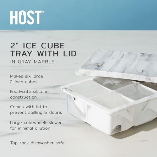 Host Ice Cube Tray with Lid, Makes 6 Large 2" Cubes, Durable Silicone Trays, Perfect for Cocktails, Beverages, Mocktails, Iced Coffee, Tea, Infused Water, Kitchen Essentials, Set of 1, Marble