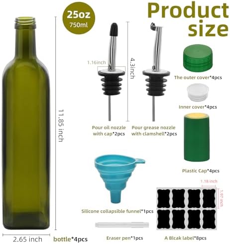 4Pcs 25 oz Olive Oil Dispenser Bottle,750 ml Glass Oil and Vinegar Dispenser Set with Pourers and Funnel ，Oil Bottles for Kitchen Large capacity oil bottles (Green 4pcs)