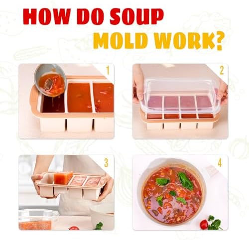 Aichoof 1 Cup Extra Large Silicone Ice Cube Freezing Trays with Silicone lid for soup saver, Freezer Container for broth,sauce, butter -makes 1cup ice Cube(2 PACK) (Rose, 2 PACK)