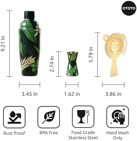 NEW OTOTO Cocktail Shaker Set - Bartender Kit with Lion Cap, Bar Cart, Bar Accessories, Drink Shaker, Cocktail Shaker with Strainer, Unique Gift Set, Kitchen Set, Kitchen Gadgets (Sip Safari)