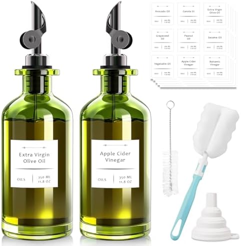 COOLMI Olive Oil Dispenser Set of 2, Dark Green Glass Bottles, 12 oz
