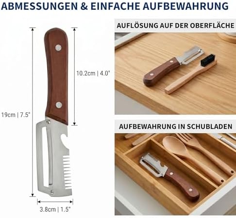 3-in-1 Peeler with Wooden Handle, Stainless Steel Blade, Multifunctional Vegetable Peeler, Julienne Slicer and Bottle Opener, Cleaning Brush