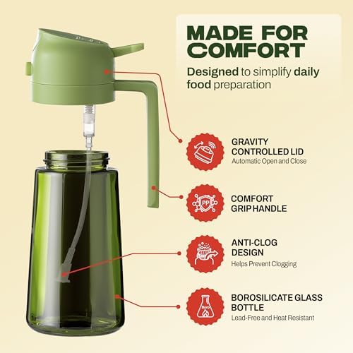 PORTENTUM Olive oil spray bottle for cooking 16oz/470ml 2 in 1 spray and pour function – Anti drip green glass bottle dispenser with light protection – Multilingual labels – Air fryer salads grilling