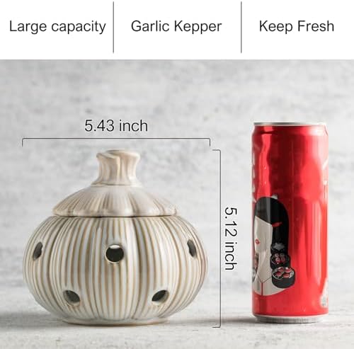 Ceramic Garlic Keeper for Counter, Large Garlic Storage with Lid