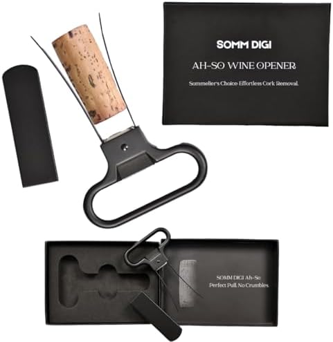 Sommelier Ah-So Wine Opener with Corkscrew & Gift Wine Disc – Two-Prong Cork Puller for Aged Wines, Crumb-Free Cork Removal.