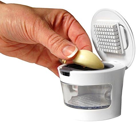 Garlic Perfection Press, Crusher, Mincer, and Storage Container - Easy to Clean - Stainless Steel Blades - White