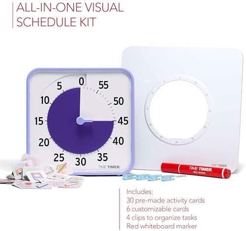 TIME TIMER Visual Schedule Package - 8-inch 60 Minute Visual Routine Timer with Dry Erase Board, PECS Cards, and Whiteboard Marker - for Kids Desk, Classroom, Home, and Routines (Purple)