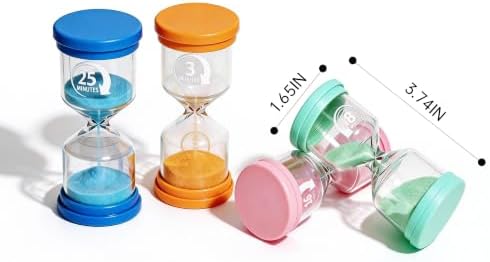 PROLOSO Sand Timers Set 4 Pcs Colorful Hourglass 3 Mins / 8 Mins / 16 Mins / 25 Mins Sandglass Glow in the Dark Sand Clock for Classroom Home Office