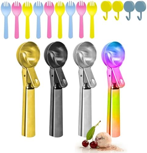 4pcs Ice cream scoop, a portable stainless steel ice cream scoop with trigger device and comfortable handle, suitable for mixed ice cream, fruits, frozen yogurt, etc Large (4pcs Large color mixing)