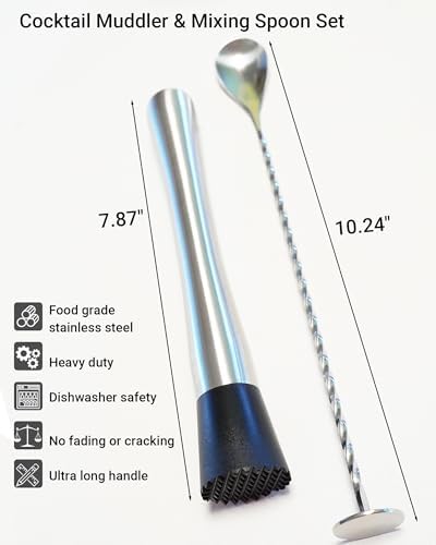 Stainless Steel 8'' Cocktail Muddler & 10'' Mixing Spoon Set
