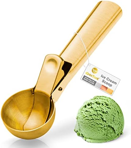 Premium Ice Cream Scoop with Trigger Ice Cream Scooper Stainless Steel, Heavy Duty Metal Icecream Scoop Spoon Dishwasher Safe, Perfect for Frozen Yogurt, Gelatos, Sundaes, Medium Gold