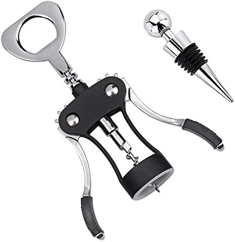 Foho Wine Opener, Multifunctional Wing Corkscrew Wine Bottle Opener for all Cork Stoppered and Beer Cap Bottles, Luxury Waiter Corkscrew with Stopper Set for Wine Enthusiast, Waiters - Black